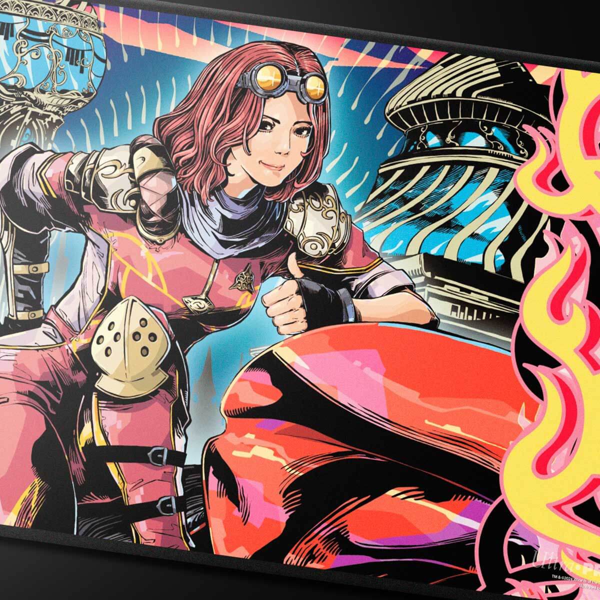A vibrant playmat featuring Aetherdrift Chandra, Spark Hunter from Magic: The Gathering, with a dynamic anime art style and fiery accents.