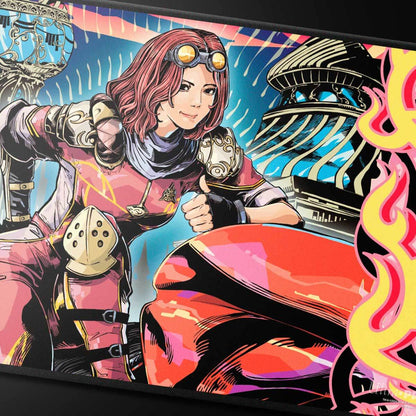 A vibrant playmat featuring Aetherdrift Chandra, Spark Hunter from Magic: The Gathering, with a dynamic anime art style and fiery accents.
