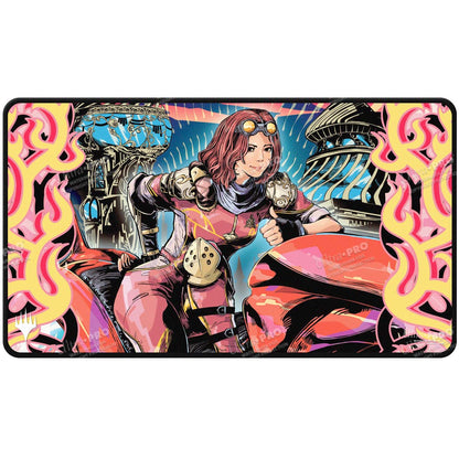 A vibrant, illustrated playmat featuring Aetherdrift Chandra, Spark Hunter from Magic: The Gathering. Brand: Ultra PRO, Item: Aetherdrift Chandra, Spark Hunter AR Enhanced Playmat for Magic: The Gathering