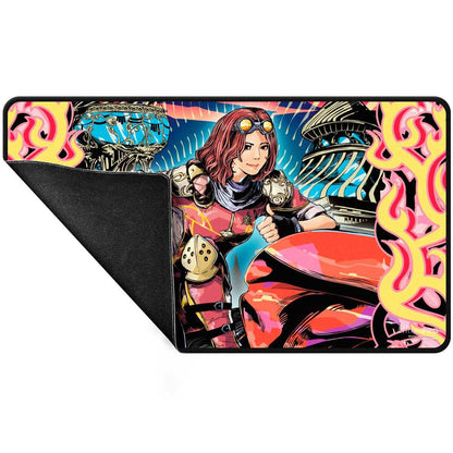 A stylized Aetherdrift Chandra, Spark Hunter AR Enhanced Playmat for Magic: The Gathering.