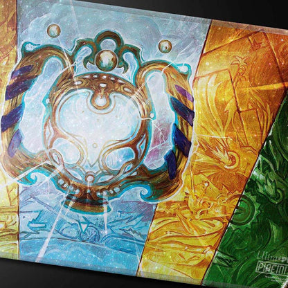 A blue, gold, and green Aetherdrift The Aetherspark HOLOFOIL Playmat. Brand: Ultra PRO, Item: Aetherdrift The Aetherspark HOLOFOIL Playmat for Magic: The Gathering.