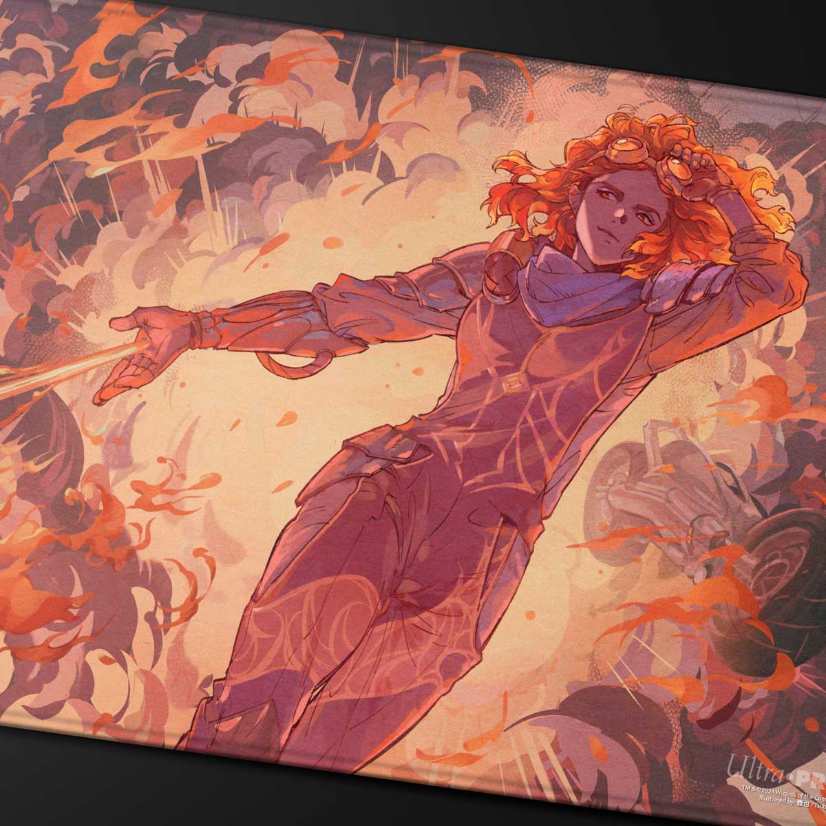 A red-haired woman in armor with fiery effects, Aetherdrift Chandra's Ignition Stitched Edge Playmat for Magic: The Gathering.