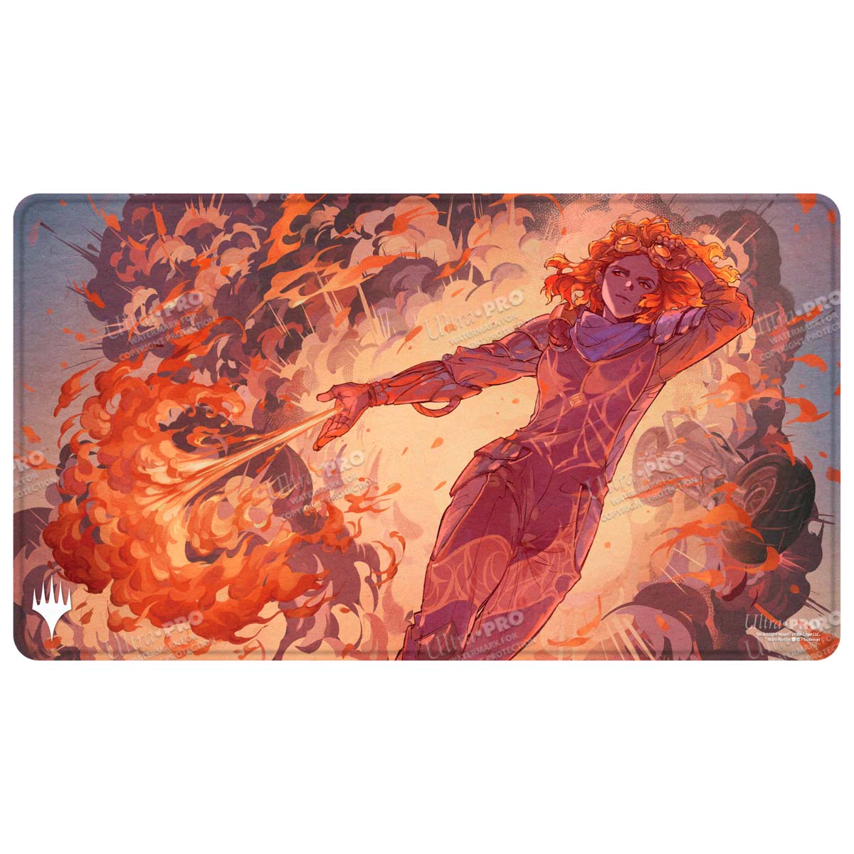 A red and orange Aetherdrift Chandra's Ignition Stitched Edge Playmat. Brand: Ultra PRO, Item: Aetherdrift Chandra’s Ignition Stitched Edge Playmat for Magic: The Gathering.