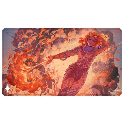 A red and orange Aetherdrift Chandra's Ignition Stitched Edge Playmat. Brand: Ultra PRO, Item: Aetherdrift Chandra’s Ignition Stitched Edge Playmat for Magic: The Gathering.
