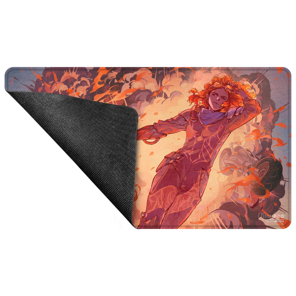 A red and orange Aetherdrift Chandra's Ignition Stitched Edge Playmat for Magic: The Gathering. Brand: Ultra Pro, Item: Aetherdrift Chandra’s Ignition Stitched Edge Playmat.