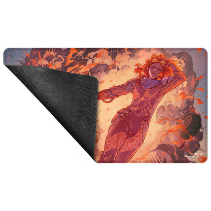 A red and orange Aetherdrift Chandra's Ignition Stitched Edge Playmat for Magic: The Gathering. Brand: Ultra Pro, Item: Aetherdrift Chandra’s Ignition Stitched Edge Playmat.