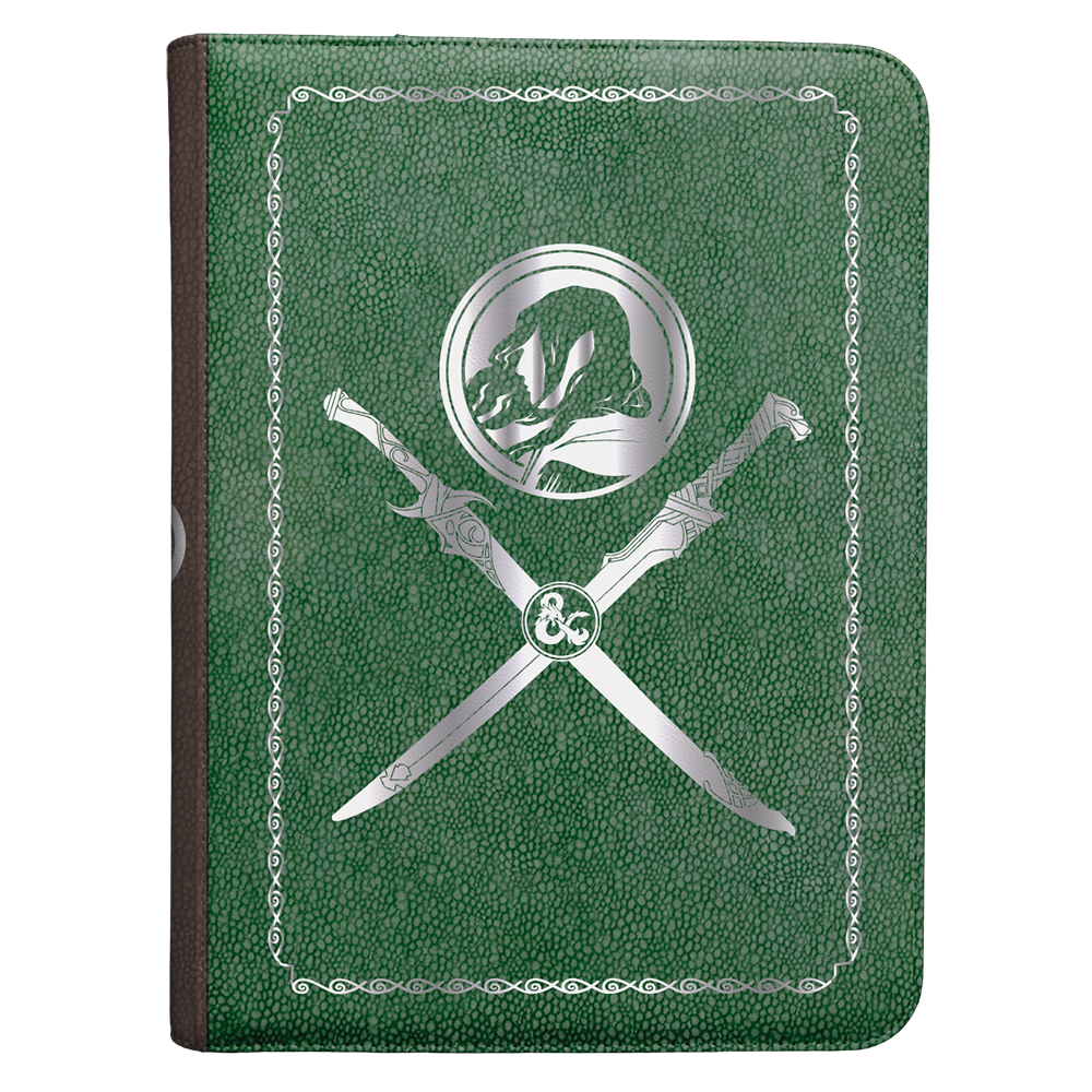 A green Dungeons & Dragons campaign journal with silver Drizzt and sword accents. Brand: Ultra PRO, Item: Artifacts Across Eternities - Drizzt & The Forgotten Realms Premium Campaign Journal for Dungeons & Dragons