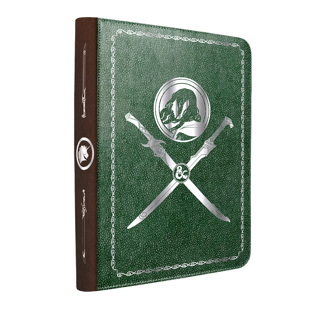 A green Dungeons & Dragons premium zippered book and character folio. Brand: Ultra PRO, Item: Artifacts Across Eternities - Drizzt & The Forgotten Realms Premium Zippered Book & Character Folio for Dungeons & Dragons
