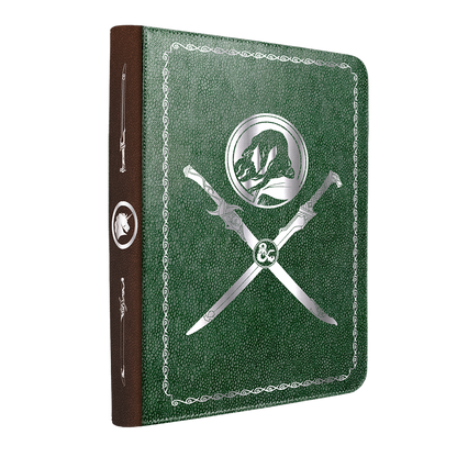 A green Dungeons & Dragons premium zippered book and character folio. Brand: Ultra PRO, Item: Artifacts Across Eternities - Drizzt & The Forgotten Realms Premium Zippered Book & Character Folio for Dungeons & Dragons