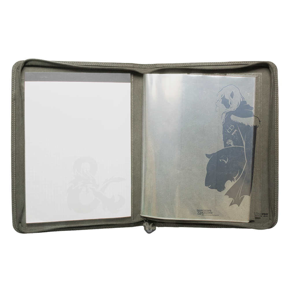 A green Dungeons & Dragons zippered folio featuring Drizzt Do'Urden and a panther. Brand: Ultra-Pro, Item: Artifacts Across Eternities Folio.