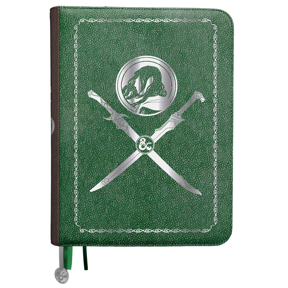 A green Dungeons & Dragons premium book cover featuring Drizzt Do'Urden and crossed swords. Brand: Ultra PRO, Item: Artifacts Across Eternities - Drizzt & The Forgotten Realms Premium Book Cover for Dungeons & Dragons