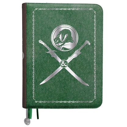 A green Dungeons & Dragons premium book cover featuring Drizzt Do'Urden and crossed swords. Brand: Ultra PRO, Item: Artifacts Across Eternities - Drizzt & The Forgotten Realms Premium Book Cover for Dungeons & Dragons