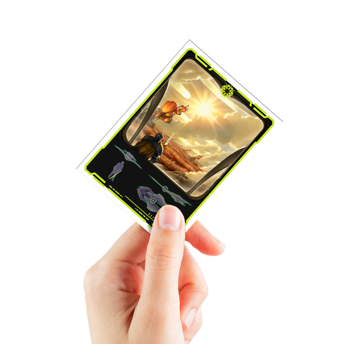 A yellow-bordered Edge of Eternities Adagia, Windswept Bastion 105ct APEX DECK PROTECTOR® Sleeves for Magic: The Gathering.