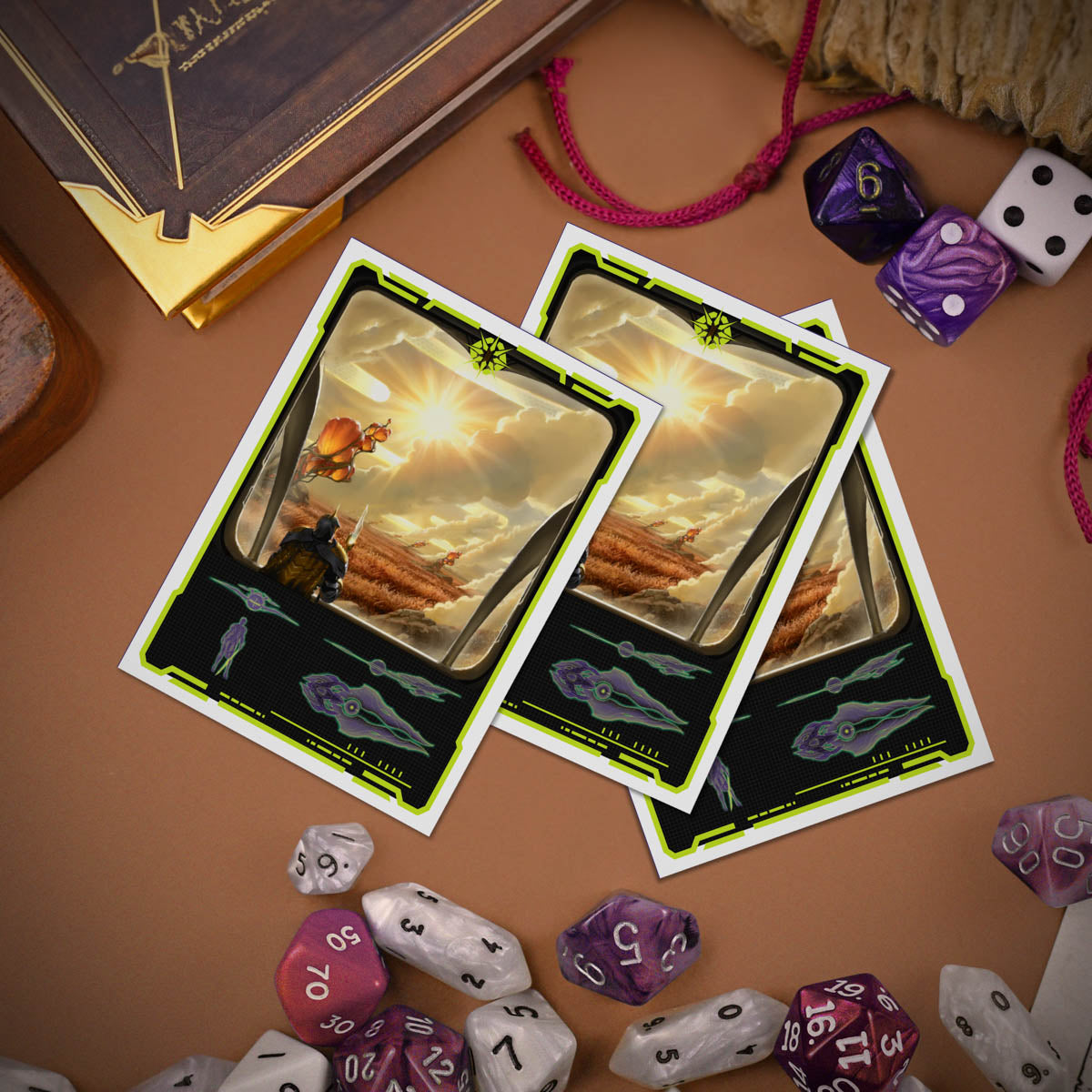 A set of three Edge of Eternities Adagia, Windswept Bastion 105ct APEX DECK PROTECTOR® Sleeves for Magic: The Gathering, featuring artwork of a figure overlooking a futuristic landscape with a bright sun.