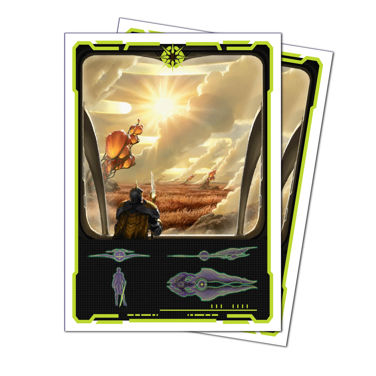 A colorful illustration of a futuristic landscape with a warrior overlooking a field of alien plants and structures. The card features a neon green border and holographic accents. Brand: Ultra PRO, Item: Edge of Eternities Adagia, Windswept Bastion 105ct APEX DECK PROTECTOR® Sleeves for Magic: The Gathering
