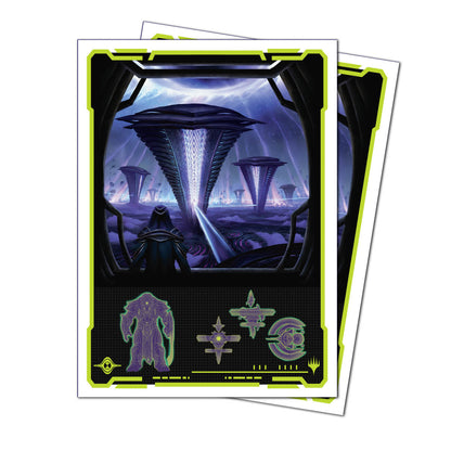 A futuristic landscape with towering structures and a cloaked figure, featuring stylized icons of a warrior and geometric shapes. Brand: Ultra PRO, Item: Edge of Eternities Susur Secundi, Void Altar 105ct APEX DECK PROTECTOR® Sleeves for Magic: The Gathering.