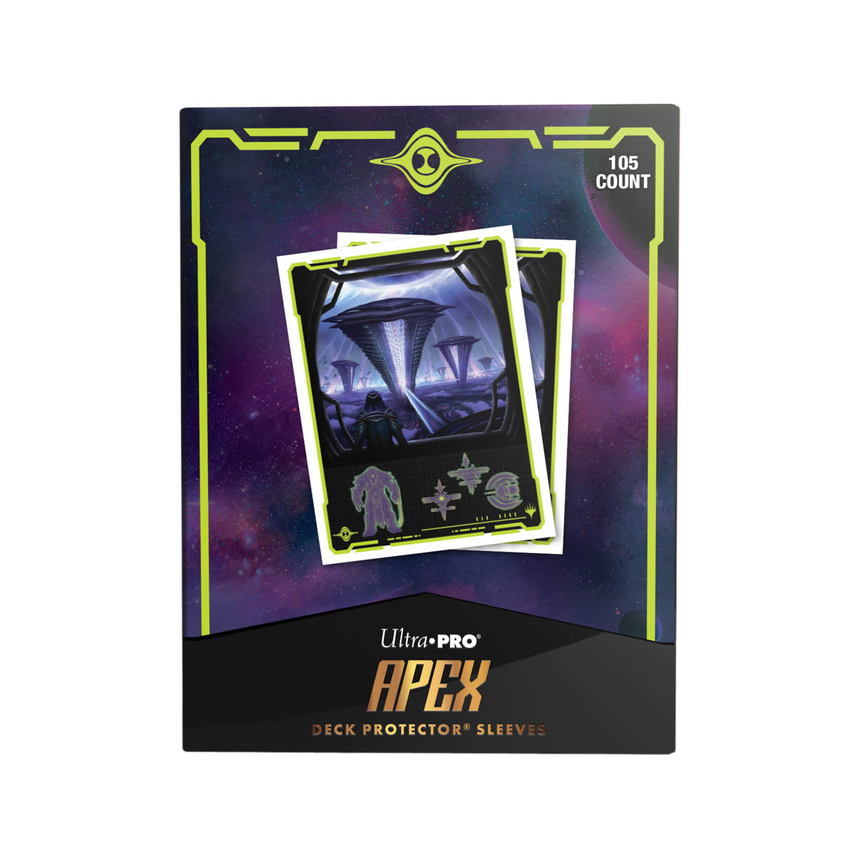 A black and neon green Ultra-Pro APEX 105ct Deck Protector Sleeves featuring "Edge of Eternities Susur Secundi, Void Altar" artwork.