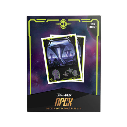 A black and neon green Ultra-Pro APEX 105ct Deck Protector Sleeves featuring "Edge of Eternities Susur Secundi, Void Altar" artwork.