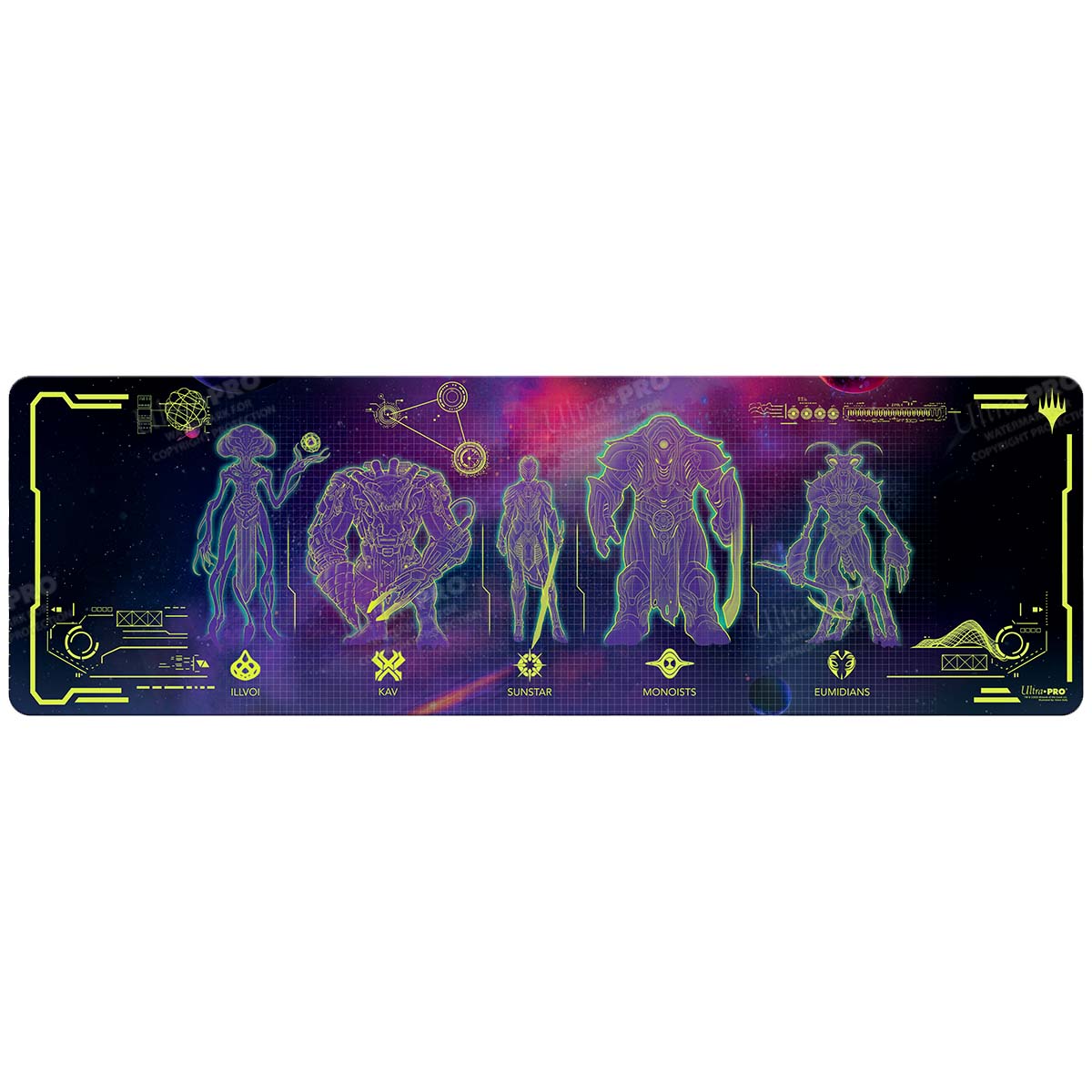 A purple and yellow alien race primer 8ft table playmat. Brand: Ultra PRO, Item: Edge of Eternities Alien Race Primer 8ft Table Playmat for Magic: The Gathering