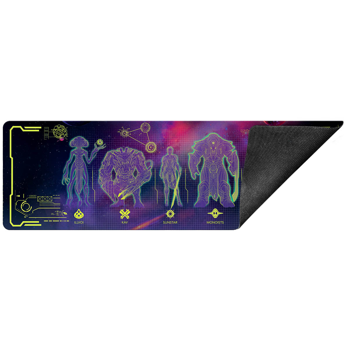 A cosmic-themed 8ft table playmat featuring alien races from Edge of Eternities. Brand: Unknown, Item: Edge of Eternities Alien Race Primer 8ft Table Playmat for Magic: The Gathering.