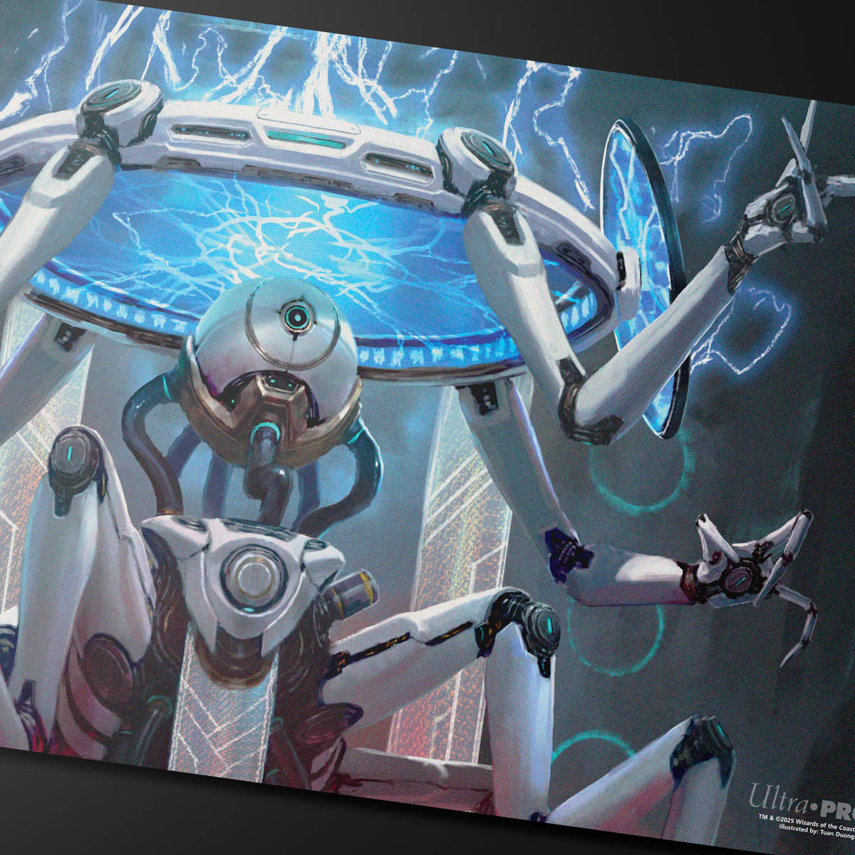A white and blue robot with glowing blue energy on a playmat for Magic: The Gathering. Brand: Ultra PRO, Item: Edge of Eternities Commander Deck: Counter Intelligence Playmat.