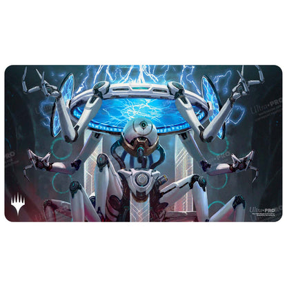 A white and blue robotic creature on a playmat. Brand: Ultra PRO, Item: Edge of Eternities Commander Deck: Counter Intelligence Playmat for Magic: The Gathering