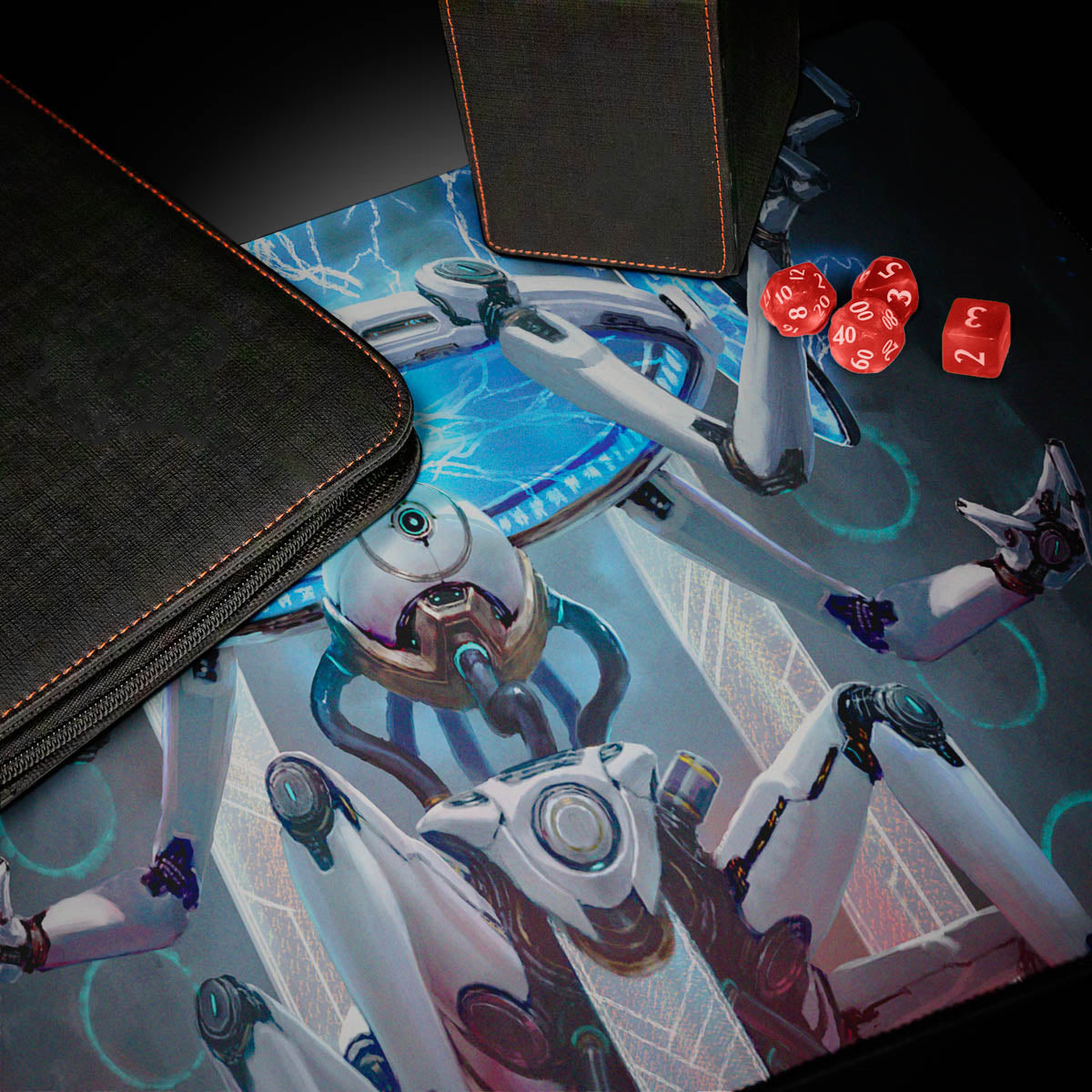 A black deck box and playmat featuring a white and blue robot on a blue lightning background. Brand: Unknown, Item: Edge of Eternities Commander Deck: Counter Intelligence Playmat for Magic: The Gathering