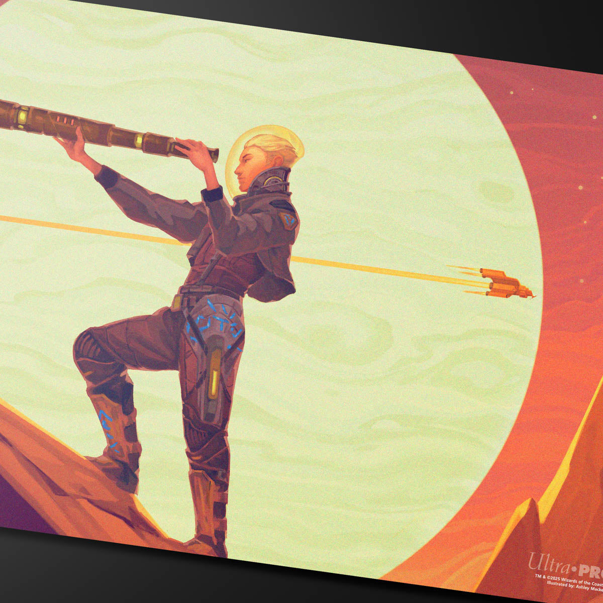 A vibrant playmat featuring Sami, Wildcat Captain from Magic: The Gathering, looking through a telescope with a spaceship in the distance. Brand: Ultra PRO, Item: Edge of Eternities Sami, Wildcat Captain Playmat.