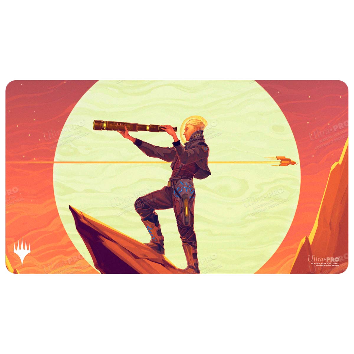 A landscape playmat featuring Sami, Wildcat Captain from Magic: The Gathering, looking through a telescope on a rocky planet with a large sun in the background. Brand: Ultra PRO, Item: Edge of Eternities Sami, Wildcat Captain Playmat.