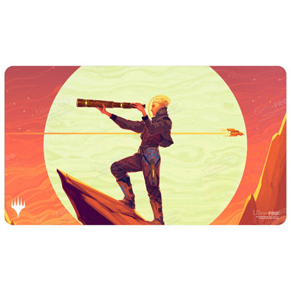 A landscape playmat featuring Sami, Wildcat Captain from Magic: The Gathering, looking through a telescope on a rocky planet with a large sun in the background. Brand: Ultra PRO, Item: Edge of Eternities Sami, Wildcat Captain Playmat.