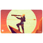 A landscape playmat featuring Sami, Wildcat Captain from Magic: The Gathering, looking through a telescope on a rocky planet with a large sun in the background. Brand: Ultra PRO, Item: Edge of Eternities Sami, Wildcat Captain Playmat.