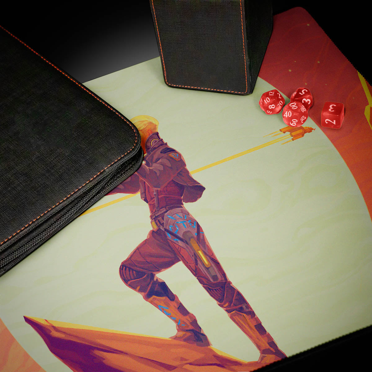 A black zippered deck box and a black binder with orange stitching on a playmat featuring the Edge of Eternities Sami, Wildcat Captain artwork for Magic: The Gathering. Three red dice are scattered on the playmat.