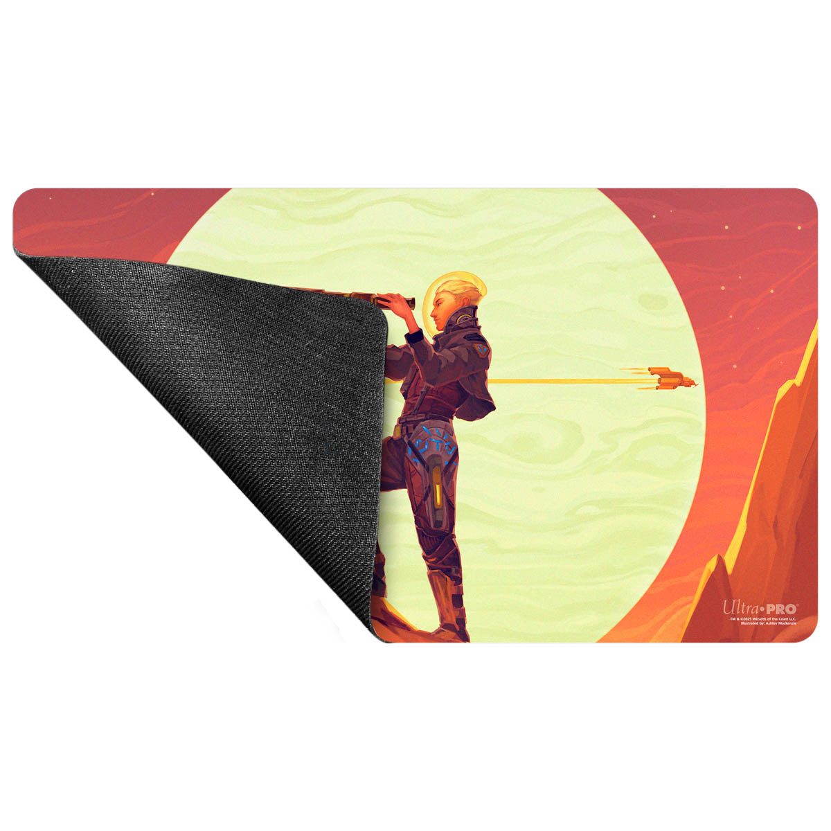 A rectangular playmat featuring artwork of a space explorer looking through a telescope with a large planet and a spaceship in the background. The bottom left corner shows the underside of the mat. Brand: Ultra-Pro.