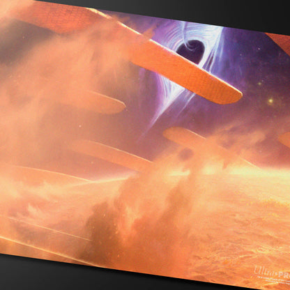 A vibrant playmat depicting the "Edge of Eternities Adagia, Windswept Bastion" artwork from Magic: The Gathering, featuring a cosmic scene with a black hole and orange spacecraft.