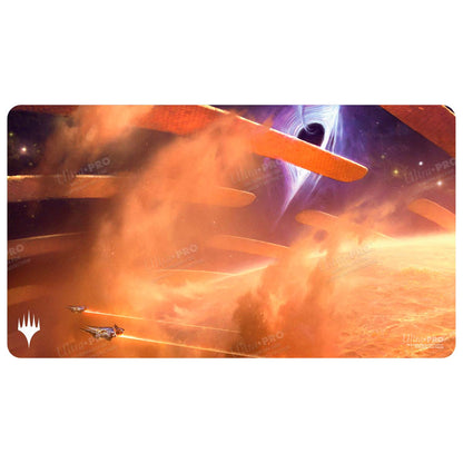 A vibrant playmat featuring the Edge of Eternities Adagia artwork from Magic: The Gathering, with spaceships flying towards a black hole. Brand: Ultra PRO, Item: Edge of Eternities Adagia, Windswept Bastion Playmat.