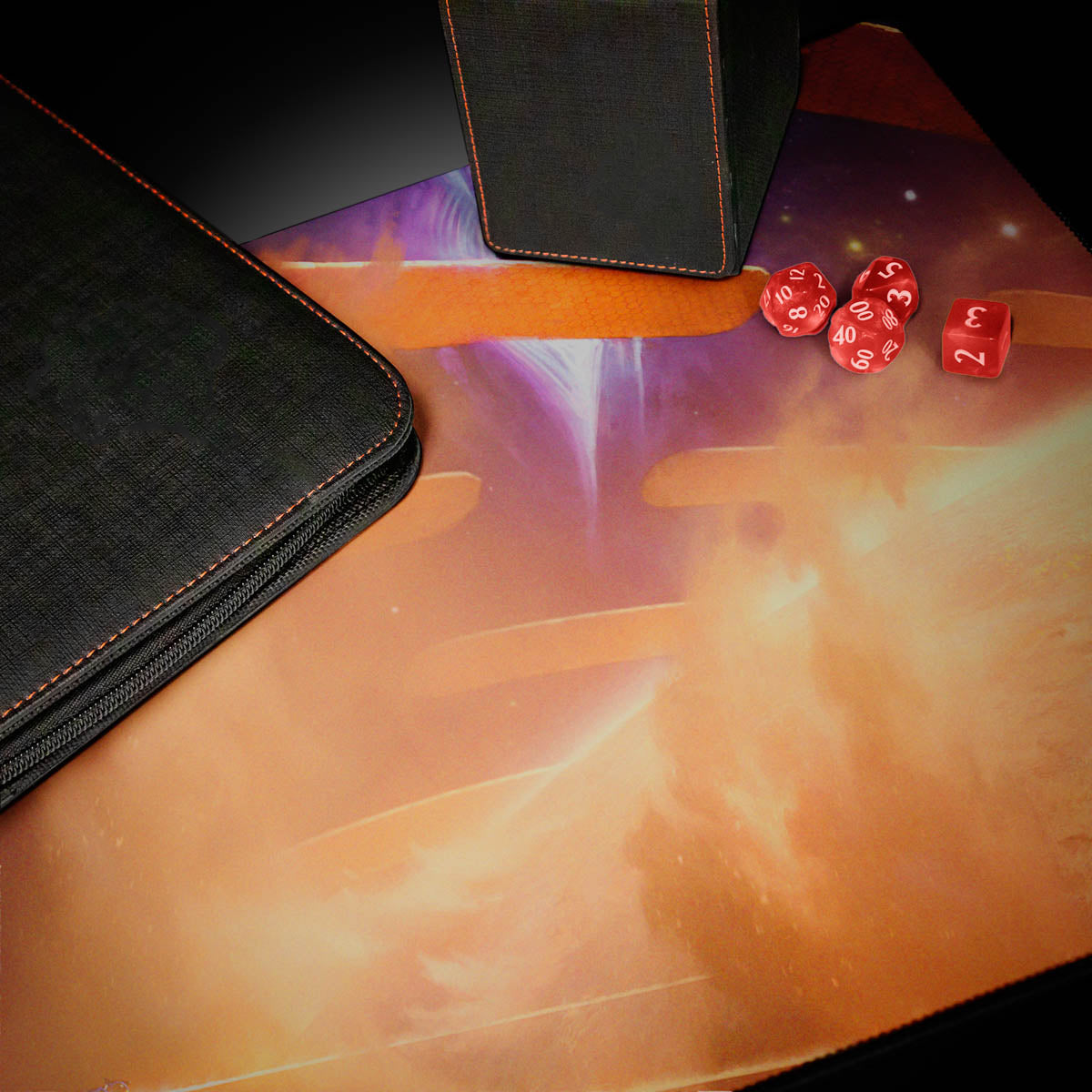 A black zippered deck box and a black card binder with orange stitching on a playmat featuring the Edge of Eternities Adagia, Windswept Bastion artwork. Red dice are scattered on the playmat.