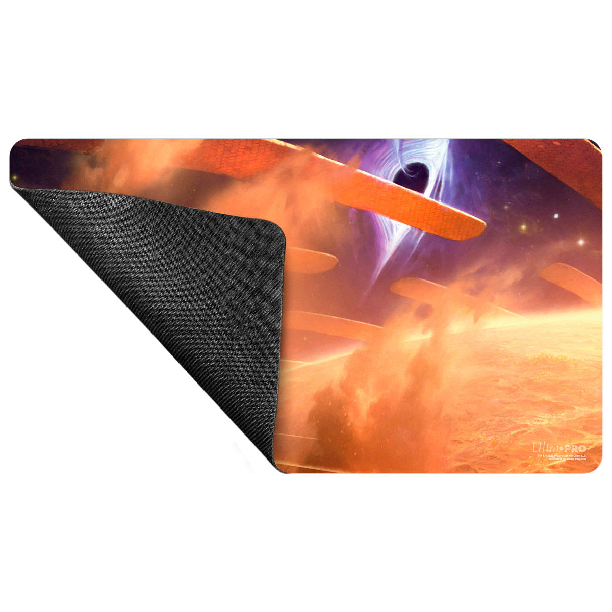 A space-themed playmat featuring a black hole and orange structures. Brand: Ultra PRO, Item: Edge of Eternities Adagia, Windswept Bastion Playmat.