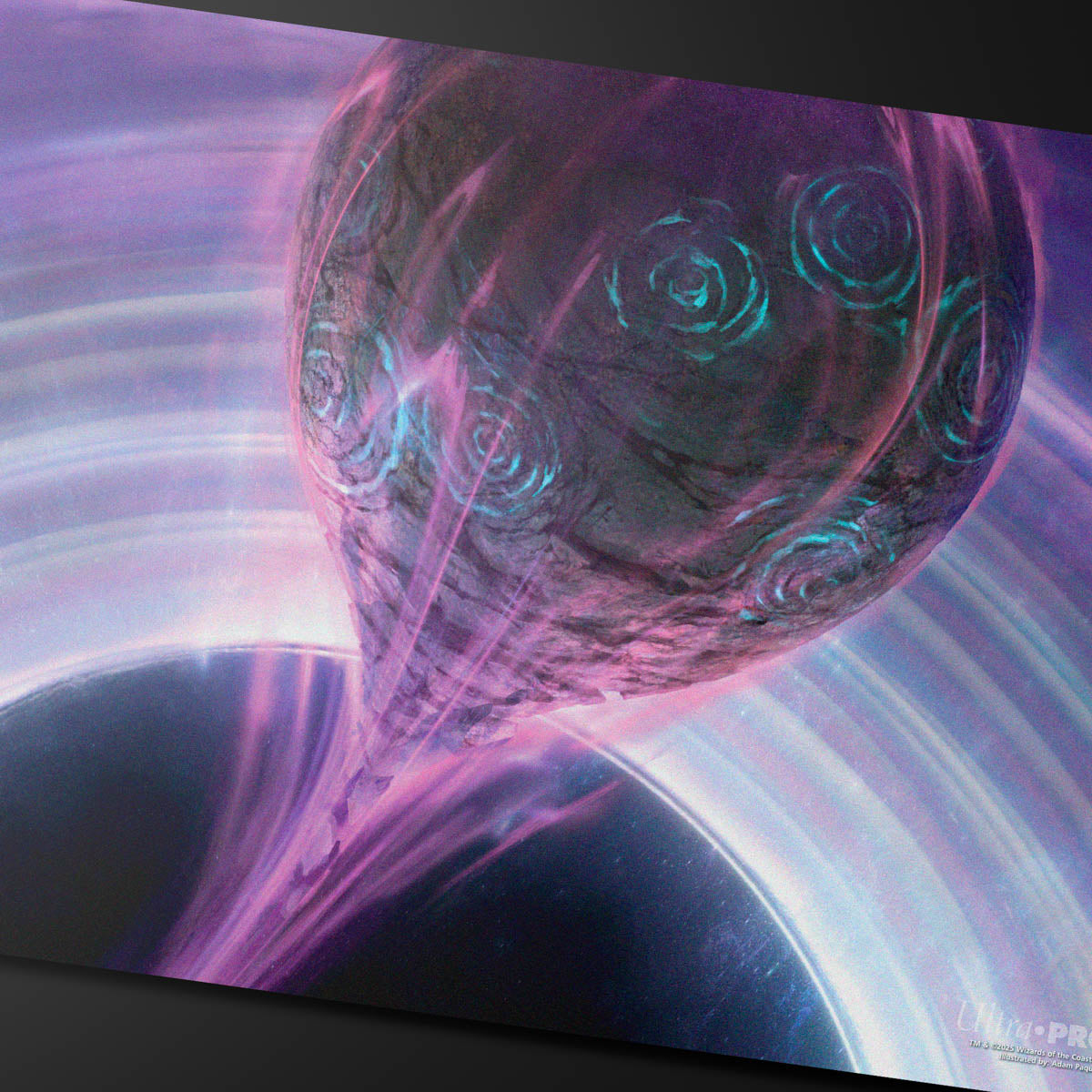 A purple and black cosmic playmat featuring a swirling vortex and a textured planet with glowing blue runes. Brand: Ultra PRO, Item: Edge of Eternities Susur Secundi, Void Altar Playmat.