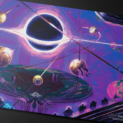 A purple and pink cosmic playmat featuring a black hole, planets, and celestial beings. Brand: Ultra PRO, Item: Edge of Eternities Sothera, the Supervoid Playmat.