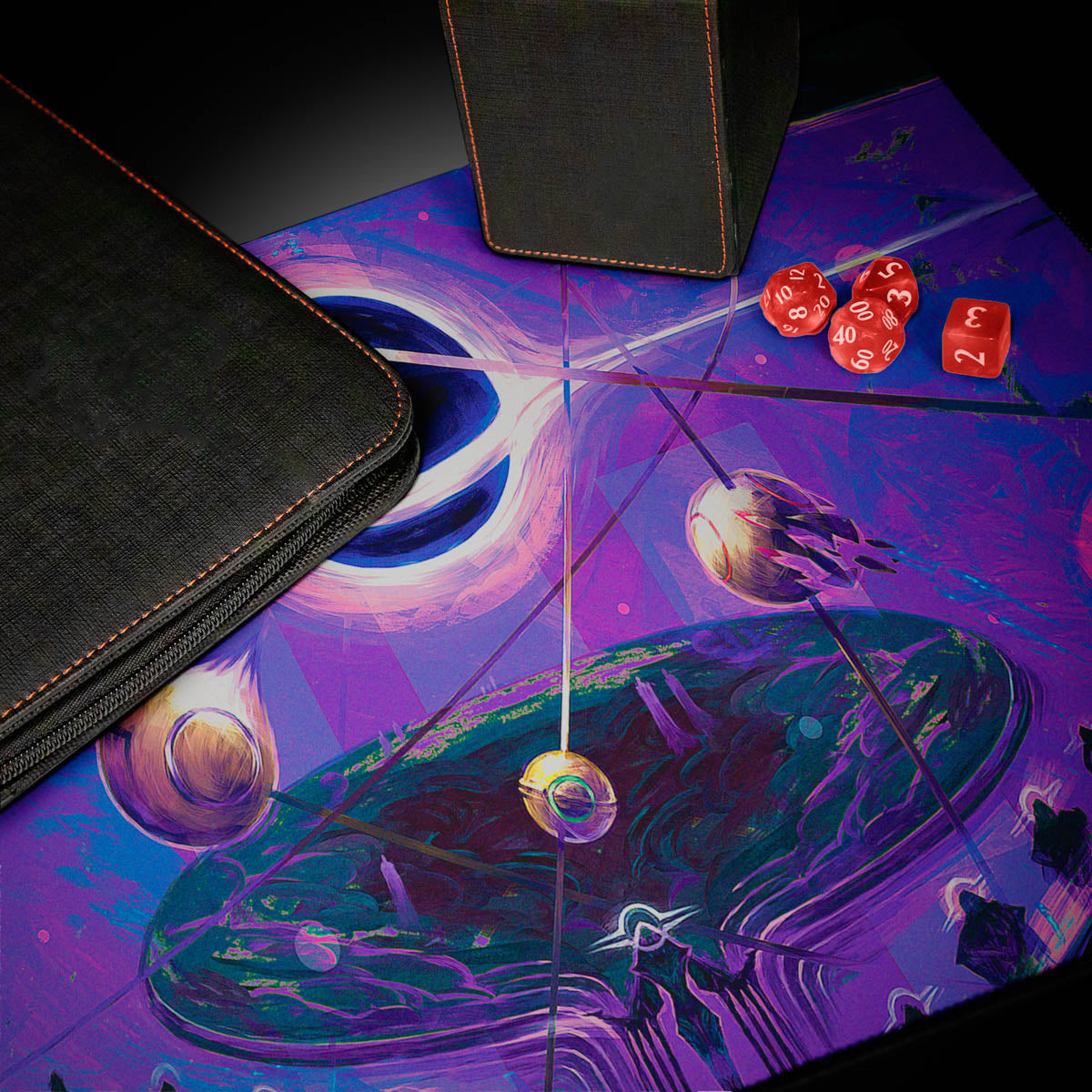 A black deck box and binder on a playmat with a cosmic, abstract design. Brand: Edge of Eternities, Item: Sothera, the Supervoid Playmat for Magic: The Gathering.