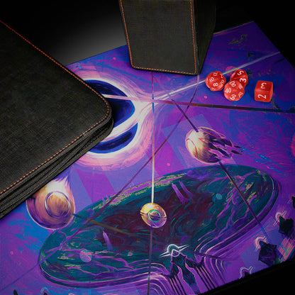 A black deck box and binder on a playmat with a cosmic, abstract design. Brand: Edge of Eternities, Item: Sothera, the Supervoid Playmat for Magic: The Gathering.