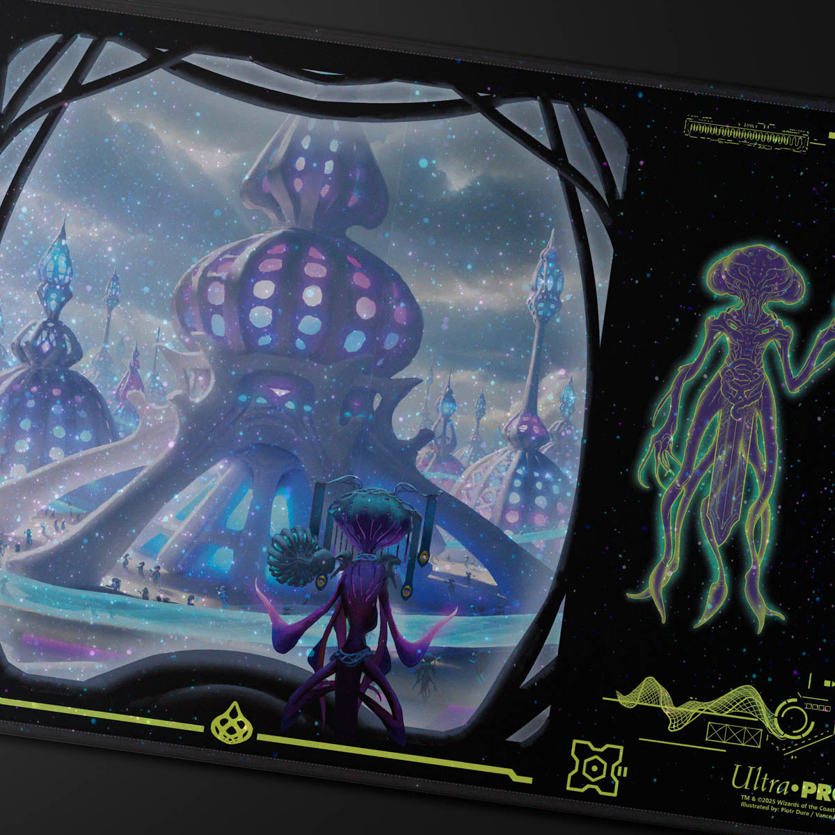 A black playmat featuring the "Edge of Eternities" artwork with Uthros, Titanic Godcore. Brand: Ultra PRO, Item: Edge of Eternities Uthros, Titanic Godcore HOLOFOIL® Playmat for Magic: The Gathering.