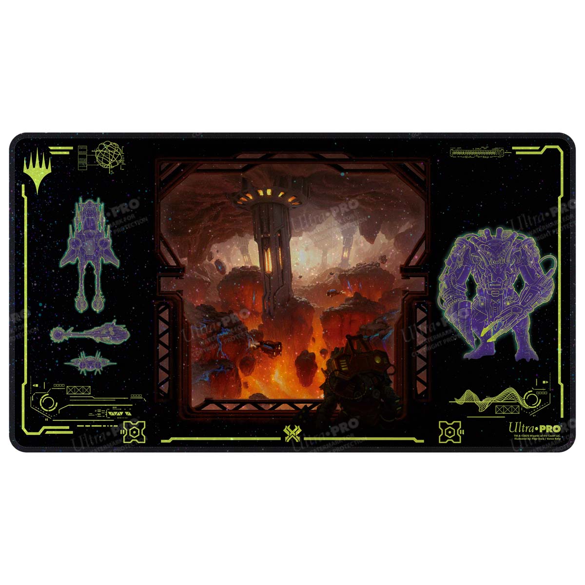 A black playmat featuring the "Edge of Eternities Kavaron, Memorial World" artwork from Magic: The Gathering. Brand: Ultra PRO, Item: Edge of Eternities Kavaron, Memorial World HOLOFOIL® Playmat for Magic: The Gathering