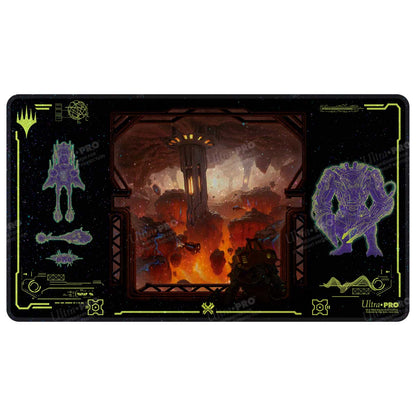 A black playmat featuring the "Edge of Eternities Kavaron, Memorial World" artwork from Magic: The Gathering. Brand: Ultra PRO, Item: Edge of Eternities Kavaron, Memorial World HOLOFOIL® Playmat for Magic: The Gathering