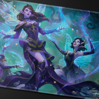 A purple and blue fantasy art playmat featuring fairies and magical energy. Brand: Ultra PRO, Item: Commander Series #8 Alela, Cunning Conqueror Stitched Playmat for Magic: The Gathering