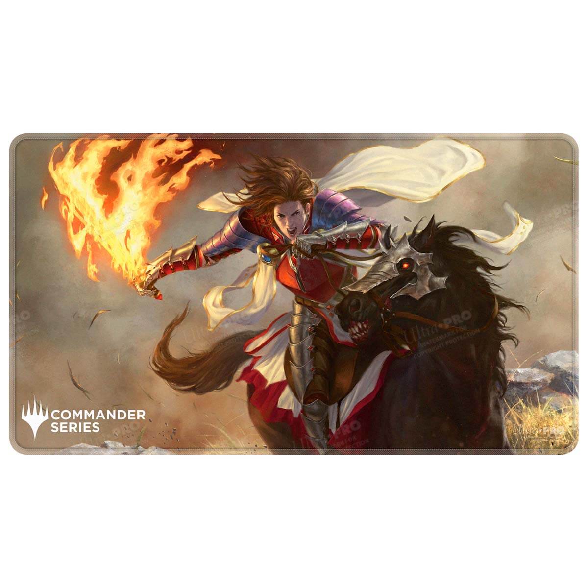 A fantasy art playmat featuring Syr Gwyn, Hero of Ashvale from Magic: The Gathering. Brand: Ultra PRO, Item: Commander Series #8 Syr Gwyn, Hero of Ashvale Stitched Playmat.