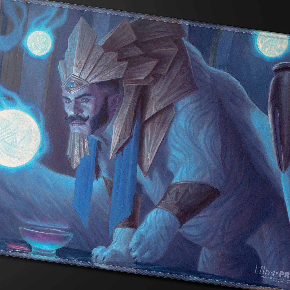 A blue and gold Magic: The Gathering playmat featuring Tivit, Seller of Secrets. Brand: Ultra-Pro, Item: Commander Series #8 Tivit, Seller of Secrets Stitched Playmat.
