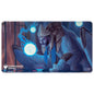A blue and white creature with a golden headdress holding a glowing orb, on a playmat. Brand: Ultra PRO, Item: Commander Series #8 Tivit, Seller of Secrets Stitched Playmat for Magic: The Gathering