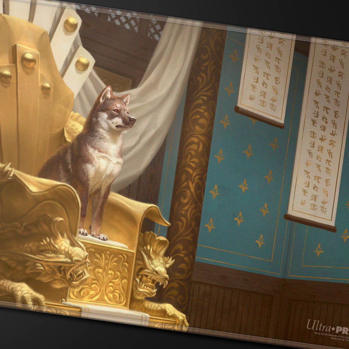 A golden throne playmat featuring Yoshimaru, Ever Faithful from Magic: The Gathering. Brand: Ultra-Pro, Item: Commander Series #8 Yoshimaru, Ever Faithful Stitched Playmat.