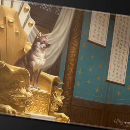 A golden throne playmat featuring Yoshimaru, Ever Faithful from Magic: The Gathering. Brand: Ultra-Pro, Item: Commander Series #8 Yoshimaru, Ever Faithful Stitched Playmat.